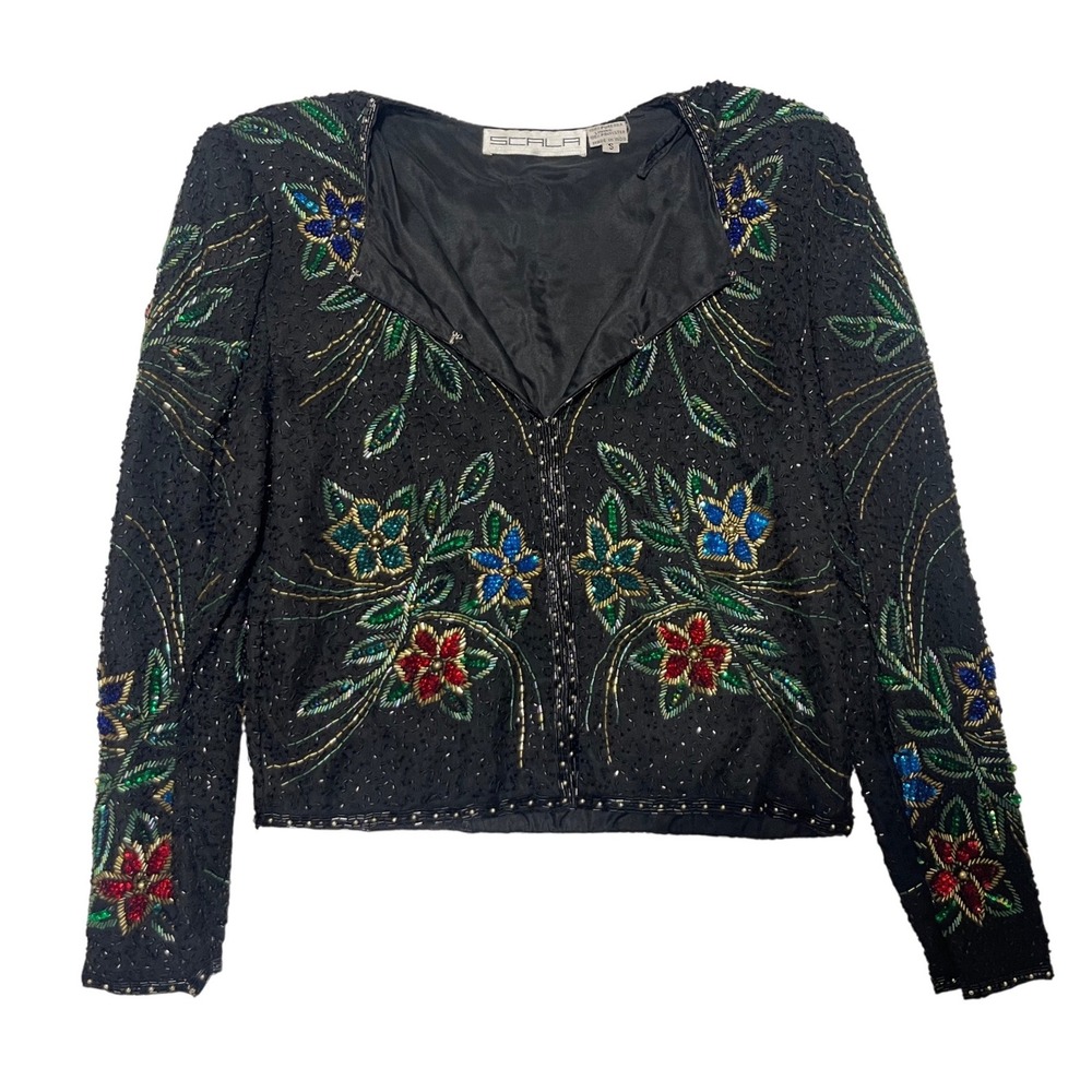 SCALA Black Embellished Beaded Floral Formal Evening Jacket Top Women's Size‎ S